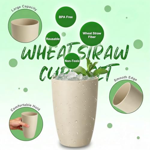 Image of Wheat Straw Reusable Cups, 20 OZ Large Unbreakable Cups Set of 6 | Plastic Drinking Glasses for Latte & Cold Brew - Dishwasher Safe Cups for Breakfast