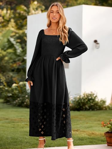 Simplee Women's Boho Flowy Long Sleeve Maxi Dress Square Neck Empire Waist Smocked Swing Wedding Guest Dress2