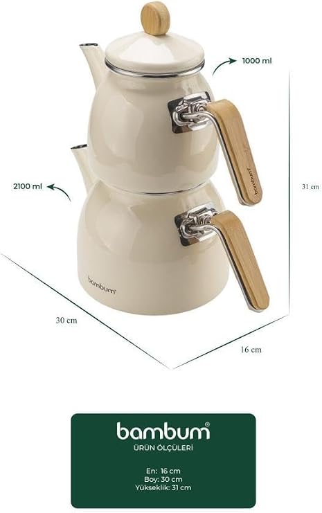 Sultan - Enamel Teapot Set Cream with Bamboo Handles