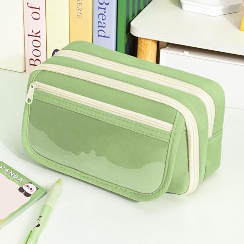 Image of Zibuyu Large Capacity Student Pencil Pouch for Girls & Boys, Fashion 9-Layer Pencil Case Bag, Zip-up Pencil Organizer, Multipurpose Pouch for Stationery Items, Makeup, Accessories, Green