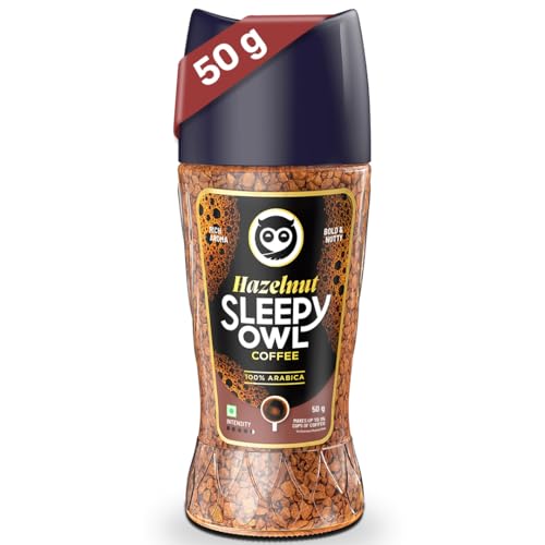 Image of Sleepy Owl Hazelnut Premium Instant Coffee Powder | 100% Arabica Freeze Dried Coffee - 50g | Make Cafe Style Hot or Cold Coffee, Black Coffee, Cappuccino, Latte at Home | Makes 25 Cups