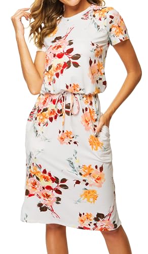 Image of Simier Fariry Womens Summer Short Sleeve Teacher Casual Midi Dress Floral White M