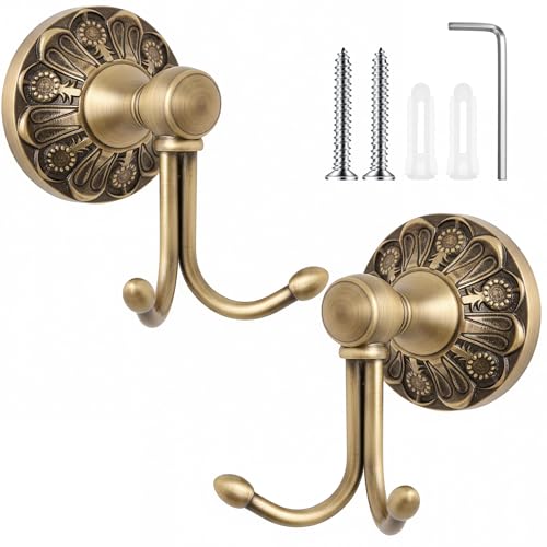 Yaocom Brass Towel Hook 2 Pack Vintage Wall Mounted Robe Holder Heavy Duty Bathroom Coat Hanger for Towels Clothes Bathrobes Antique Brass Decorative Hardware for Bathroom Kitchen Entryway