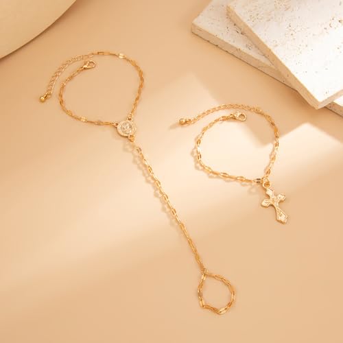 Image of Long tiantian Hand Chain Bracelet Gold Link Finger Ring Slave Bracelet
