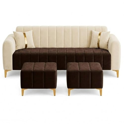 Image of FURNY Harmony 5 Seater L Shape Sofa Set with 2 Movable Ottoman & Golden Legs | Flexible Left or Right Layout | Plush Velvet Fabric (Dark Brown-Cream) | Perfect for Living Room, Guest Room & Office