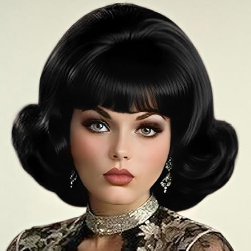 Siudus Black Vintage Curly Cosplay Wigs for Women Bouffant Beehive 50s 60s Retro Costume Hair Wig with Bangs for Halloween Party Use