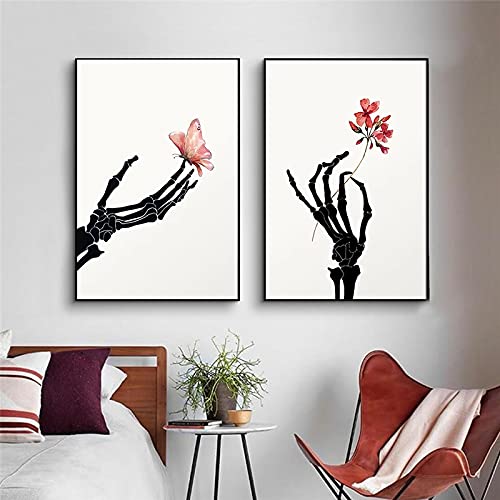 Affiche squelette main avec fleur papillon déco murale 50x70cm x2