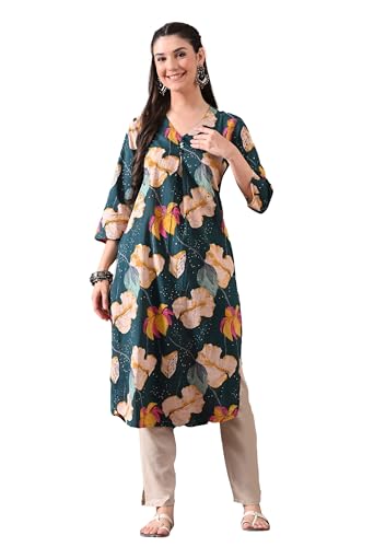 Image of Ichaa Women's Pure Cotton A-Line Ethnic V-Neck Kurta with 3 /4th Sleeve for Daily and Office Wear, in Plus Sizes