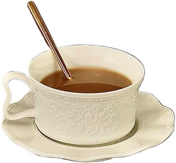 JSEIAJB Solid-color Embossed French Coffee Cup Ceramic Housewarming Birthday Wedding Gift(Onecolor)