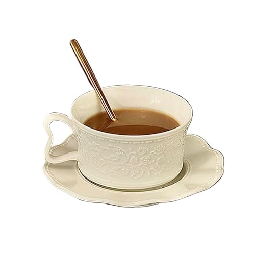 JSEIAJB Solid-color Embossed French Coffee Cup Ceramic Housewarming Birthday Wedding Gift(White)
