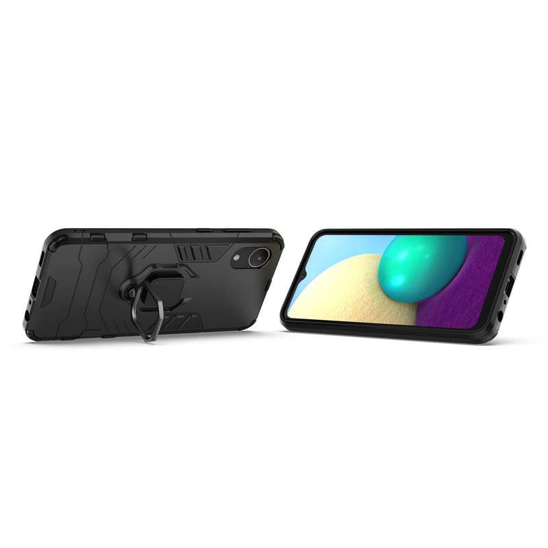 Image of Hybrid Armor Shockproof Soft TPU and Hard PC Back Cover Case with Ring Holder for Samsung Galaxy A03 Core (Black)