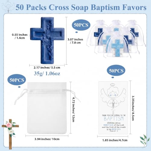 Image of 50 Pack Cross Scented Soap Baptism Favors with Cards Bags Guest Gifts,Blue | Cross Scented Soap Favors with Card and Bag, Ideal Baptism Gift for Boy and Girl, Christening Favor, Baby Shower Party Decor