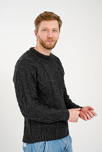 SAOL 100% Merino Wool Men's Irish Traditional Aran Crew Neck Cable Knit Sweater Pullover (Charcoal, XXXLarge)2
