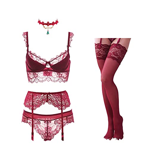 Women Push Up Lace Bras Set Lace Lingerie Bra and Panties and Socks and eyeshade 5 Piece(SV715-Red-40D)