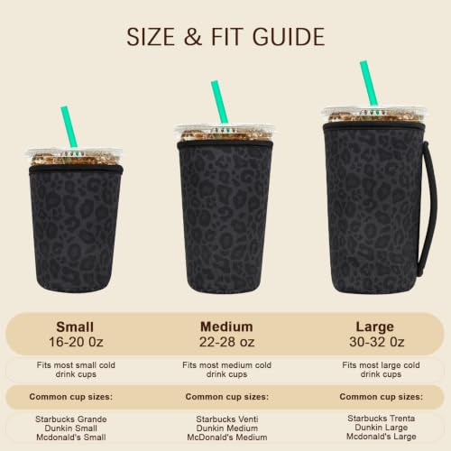 Image of Insulated Neoprene Cup Sleeve for Iced Coffee & Cold Soda - Reusable & Sweatproof, Keeps Drinks Cold Longer, Coffee Coolie for Hot & Iced Drinks (Black Leopard Print, Small: 16-18oz)