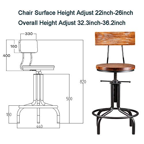 Gwarez Set Of 2 Industrial Bar Stool-Adjustable Height Swivel Farmhouse Kitchen Dining Breakfast Bar Chair-Cast Iron-22-26Inch Tall Counter Bar Height -With Backrest #TOP1