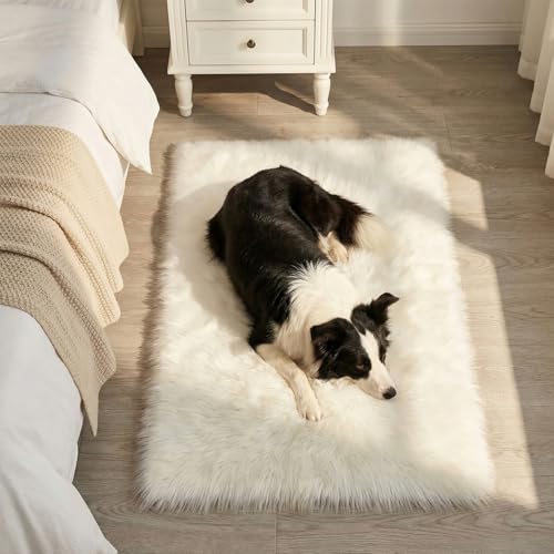 Mishukaze Plush Faux Sheepskin Rug-Ultra Soft Fluffy Bedside Carpet,Machine Washable Anti Slip Floor Mat,Silky Shag Area Rug for Bedroom,Living Room & Kids Room Decor（White 60x90）