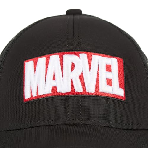 Image of Marvel Box Logo Men's Trucker Cap | Black | 6-Panel Structured Fit with Curved Visor | Breathable Mesh Back | Iconic Marvel Logo | Sun-Protective Style for Everyday Wear