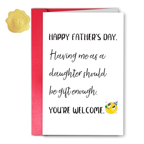 Lcmjjm Funny Fathers Day Card from Daughter, Humorous Dad Card with Red Envelope, Sarcastic Joke Greeting Card for Father, Blank Inside 350g Cardstock