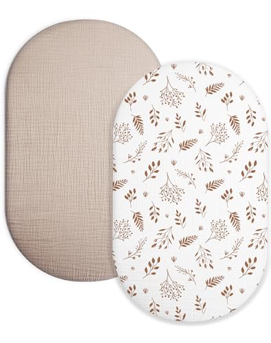 Image of Bassinet Sheet for Baby Boy and Girl 2 Pack, Fitted Sheets for Rectangle, Oval, Hourglass Bassinet Mattress, Muslin Moses Basket Sheets with Neutral Style (Autumn Leaves & Beige)