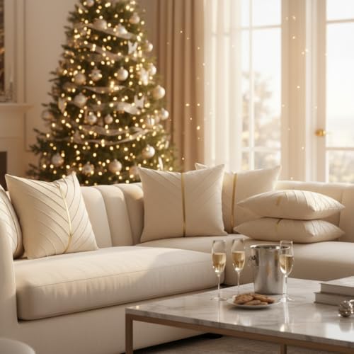 Image of Velvet Throw Pillow Covers 24x24 inch Pack of 2 Gold Decor Cream