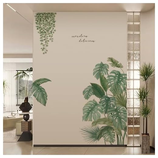 2 Pièces Stickers Muraux Feuilles, Autocollant Mural Plante Verte Tropicales Sticker Mural Feuille Muraux Vigne Fleurs Décoration Stickers Jungle Couloir Pour Murale Chambre Salon Bureau Mur TV