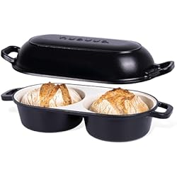 Dutch Oven for Sourdough Bread Baking – Enamelled Cast Iron Bread Loaf Pot – 500°F Oven Safe Non Stick Bread Pot – Double Round Loaf Space, 16.5cm Diameter, Black, – by Nuovva