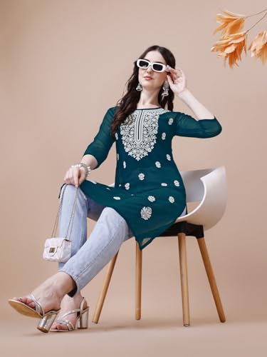 Image of EthnicJunction Women's Georgette Embroidered Straight Kurta | Summer Kurti | Short Kurti for Women | Top for Office |Women's Tunics Tops | Kurta Shirt Top | Regular Fit Top | Tops for Jeans for Women