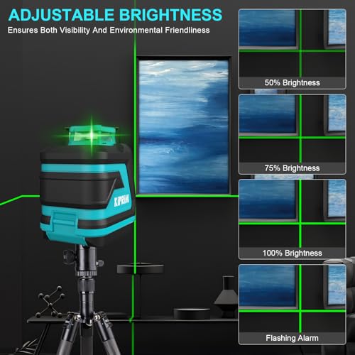 Kiprim Grüner Kreuzlinienlaser LV8D mit Verbesserter Sichtbarkeit,5 Laserlinien,Einstellbarer,Helligkeit,Manuellem/Selbstnivellierendem/Impulsmodus, Batterien und Tragetasche im Lieferumfang Enthalten