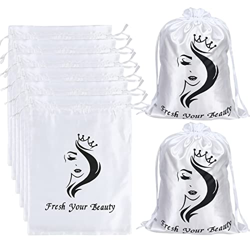 6PCS Satin Storage Pouches with Drawstring - Silk Hair Organizers for Multiple Extensions, Bundles & Supplies - Home and Salon Use (White)