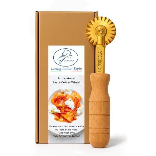 Professional Pasta Cutter Wheel, Timeless Natural Wood Handle and Durable Brass Head (Ridged Wheel)
