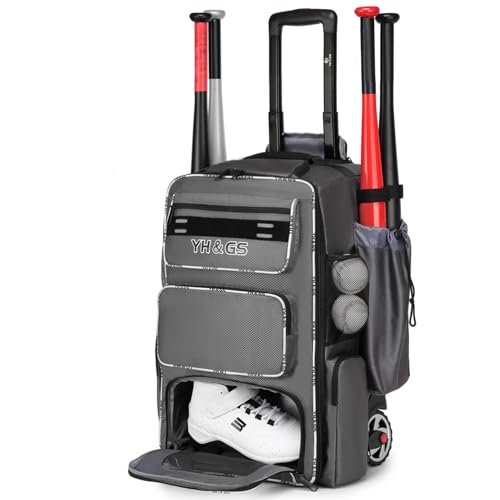 GOTECH Rolling Baseball Bag,Wheeled Softball Bag with Fence Hook for TBall Bat & Equipment,Lightweight Baseball Bat with Shoe Compartment (Grey)