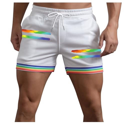 Generico Pantalones cortos de hombre chino arco iris patchwork de verano ligeros ajuste normal para el ocio transpirables suaves cómodos pantalones impresión secado rápido playa correr, Color blanco