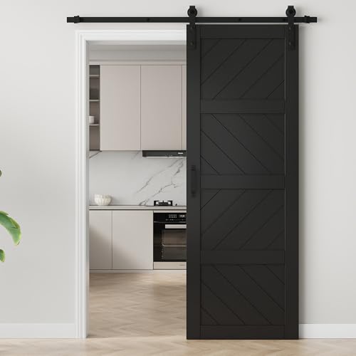 Image of 30 inchx84 inch Black Waved Barn Door with 6 FT Track Kit & Handle & Floor Guide
