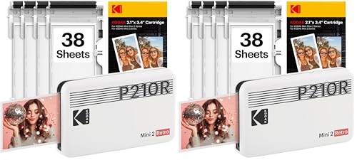 Image of KODAK Mini 2 Retro 2x3 Portable Photo Printer, 38 Sheets, Bluetooth Smartphone Printer for iPhone & Android, Instant Color Prints, 4PASS Dye Sublimation, White (Pack of 2)