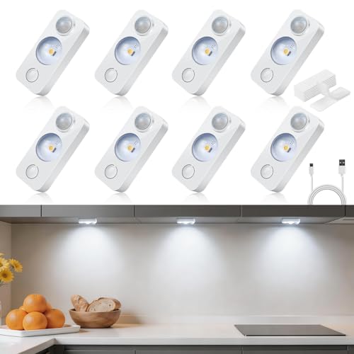 LightingWill 8 Pack Rechargeable Motion Sensor Puck Lights, Under Cabinet Lights with 10FT Detection, Dimmable Stick-On Closet Lights for Pantry, Drawer, Shelf, Hallway, Stairs, Daylight White