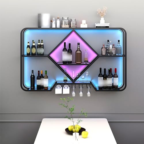 Casier à vin mural suspendu haut de gamme en métal noir industriel avec bandeau LED
