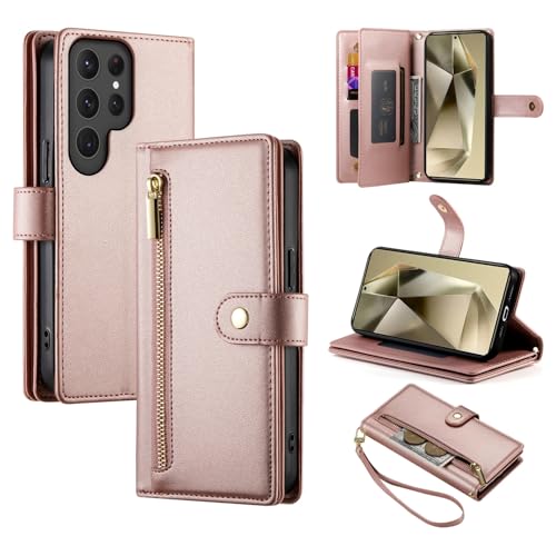 Étui portefeuille Samsung S23 Ultra rose avec fermeture éclair et bandoulière