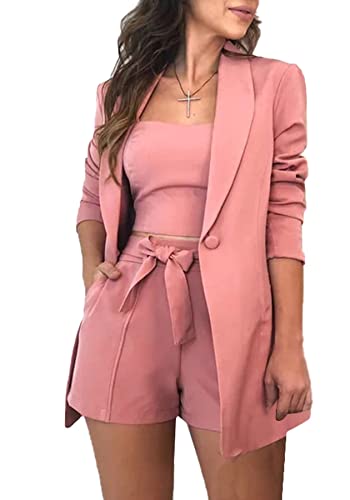 NRTHYE Women Blazers Set 3 Piece Long Sleeve Button Jacket + Tops + Shorts Belted Outfits Casual Suits 00pink