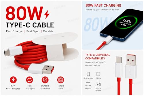 Image of 80W Super VOOC Fast Charger with USB-C Cable, Charging Adapter and Cable Set, USB-C Compatible with White Charger with Red Cable