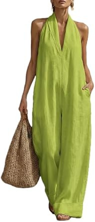Womens Sleeveless Halter Wide Leg Jumpsuit Casual Loose One Piece Outfit with Pockets