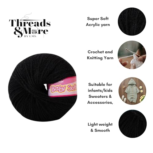Image of Vardhman Baby Soft Yarn Pack of 6 - 4-Ply Acrylic Wool 150g Total | Soft Yarn for Knitting & Crocheting Baby Blankets, Sweaters, Toys & Accessories | 86m per 25g Ball (1, Black)
