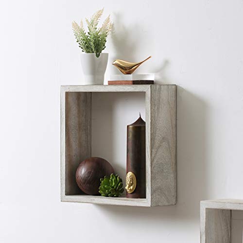 Kmwares Set Of 3 (12“/10”/8“) Rustic White Grey Paulownia Wood Square/Cube Farmhouse Floating Shelves Wall Mounted Storage/Bookshelf/Shadow Wall Boxes - Decoration For The Living Room, Bedroom, Office #TOP5