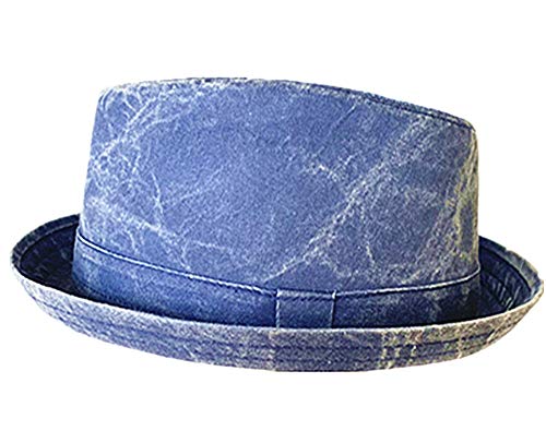 Epoch Men's Diamond/Classic Shape Pork Pie Shape 100% Cotton Denim Brim Fedora with Band Fall Winter Spring (Washed Blue 2232, S/M)