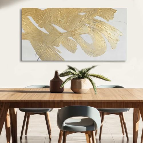 Image of Gold Abstract Wall Art White and Gold Modern Framed Painting Texture Artwork for Living Room Office Dining Room Pictures 24x48 Inch Hand Painted