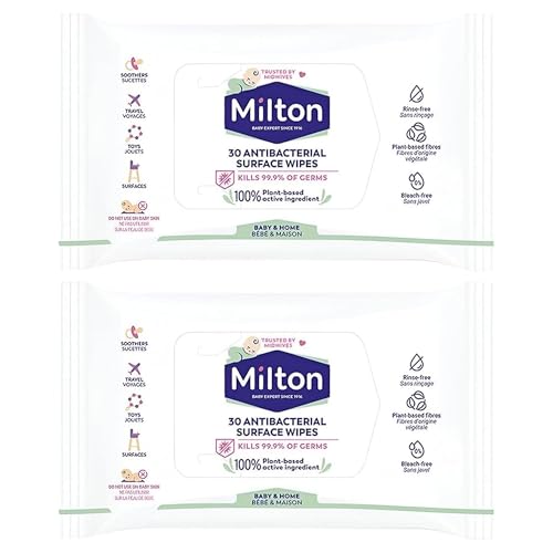 2 x Milton Antibacterial Surface Wipes 60 Pcs Plant-Based Cleaning Wipes for Baby Products & Home Suitable for Toys Phones Highchairs & Surfaces Rinse-Free Bleach-Free Household Cleaning