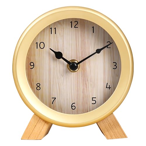 Maxspace Wooden Analog Clock, Small Silent Bedside Desk Clock Battery Operated, Elegant and Decorative Table Clock with Wooden Frame for Living Room, Bedroom, Bedside, Desk (Gold)