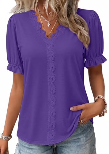 Xosini Blouses for Women Dressy Casual Ruffle Puff Sleeve Tops Purple