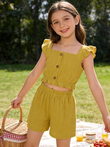 Image of Girl's Summer Clothing Sets Knit Ruffle Striped T-Shirt and Shorts 2 Piece Outfits