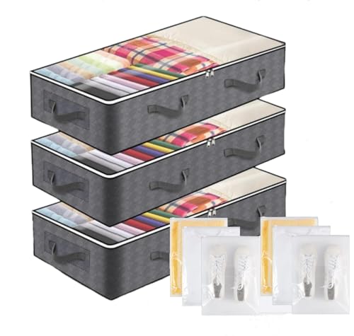 90L Underbed Storage Bags, 3 Pack Clothes Storage Bag with 6 x Zip Lock Bags, Large Capacity Foldable Underbed Storage, PVC Clear Window for Clothes Comforters Blankets